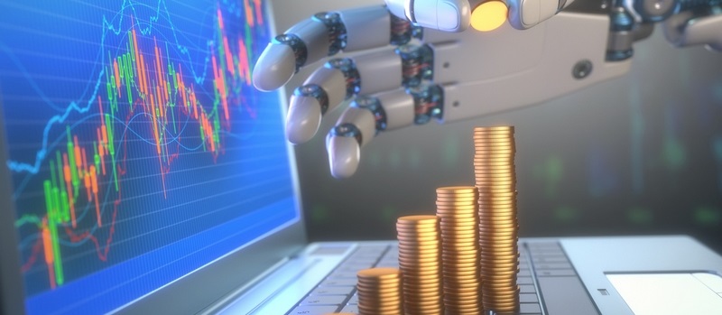 Une main de robot en train de placer des piles de pièces de monnaie