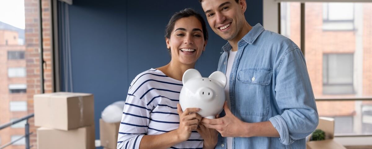 Portrait d'un couple heureux met de l'argent de côté dans une tirelire.