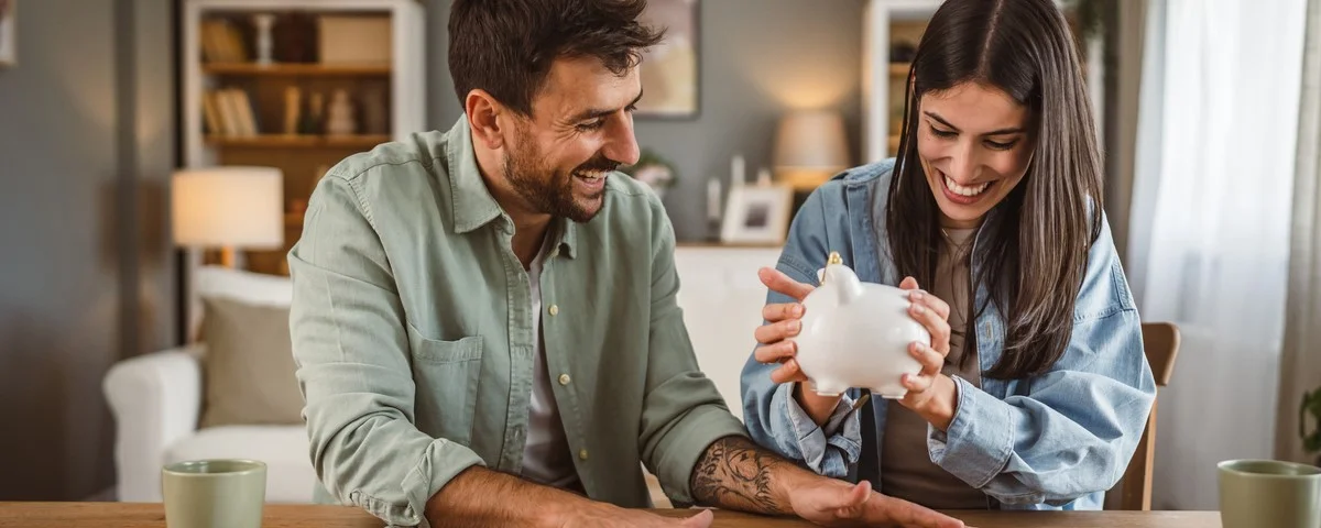 Un petit ami et une petite amie heureux économisent ensemble de l'argent dans la tirelire.