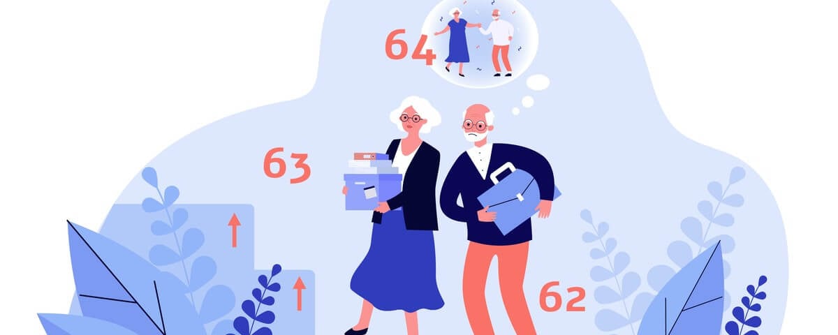 Couple de personnes âgées et escalier vers un relèvement de l’âge de la retraite