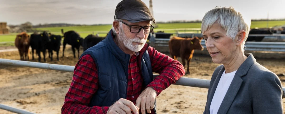 Agriculteur d'âge mûr discutant avec une conseillère financière dans une ferme d'élevage de bovins au sujet d'un prêt et des affaires.
