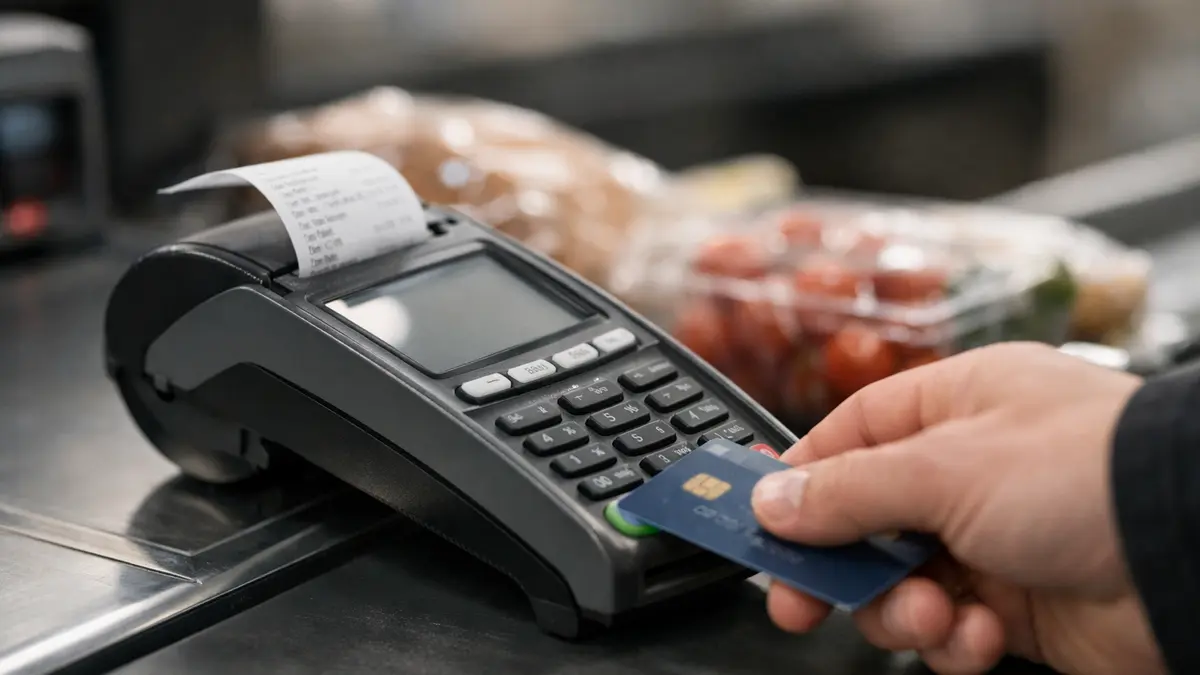 Paiement en caisse avec ticket, illustrant l’arrondi solidaire