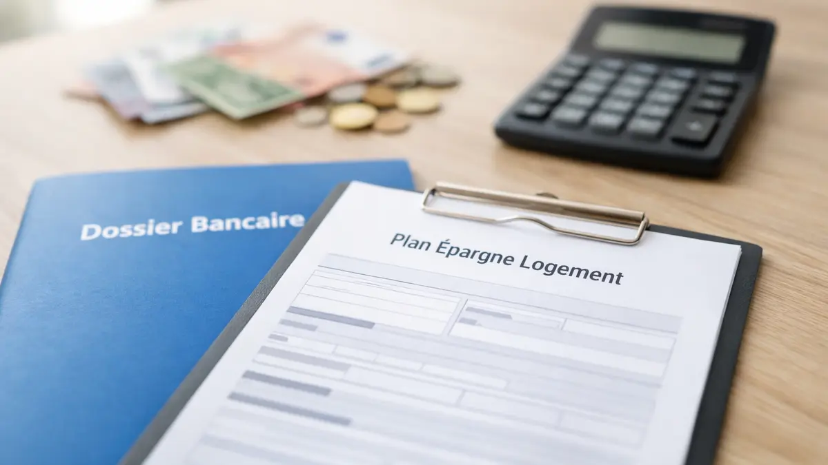 Dossier bancaire et calculatrice illustrant la clôture d’un PEL