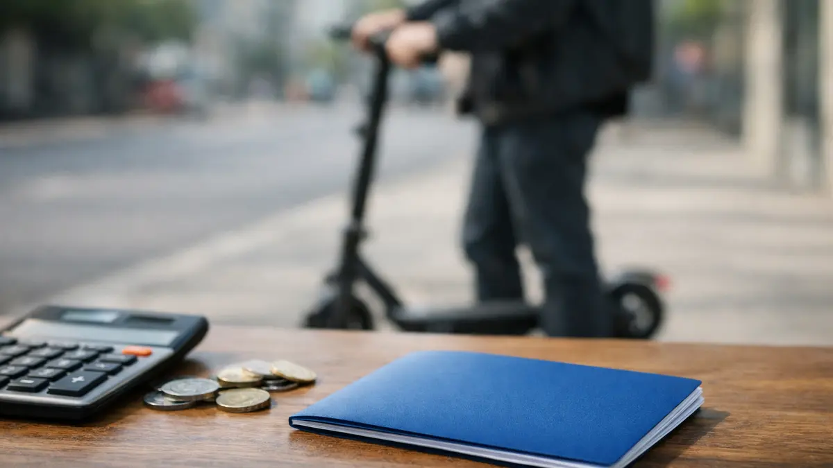 Livret d’épargne, calculatrice et trottinette électrique en arrière-plan