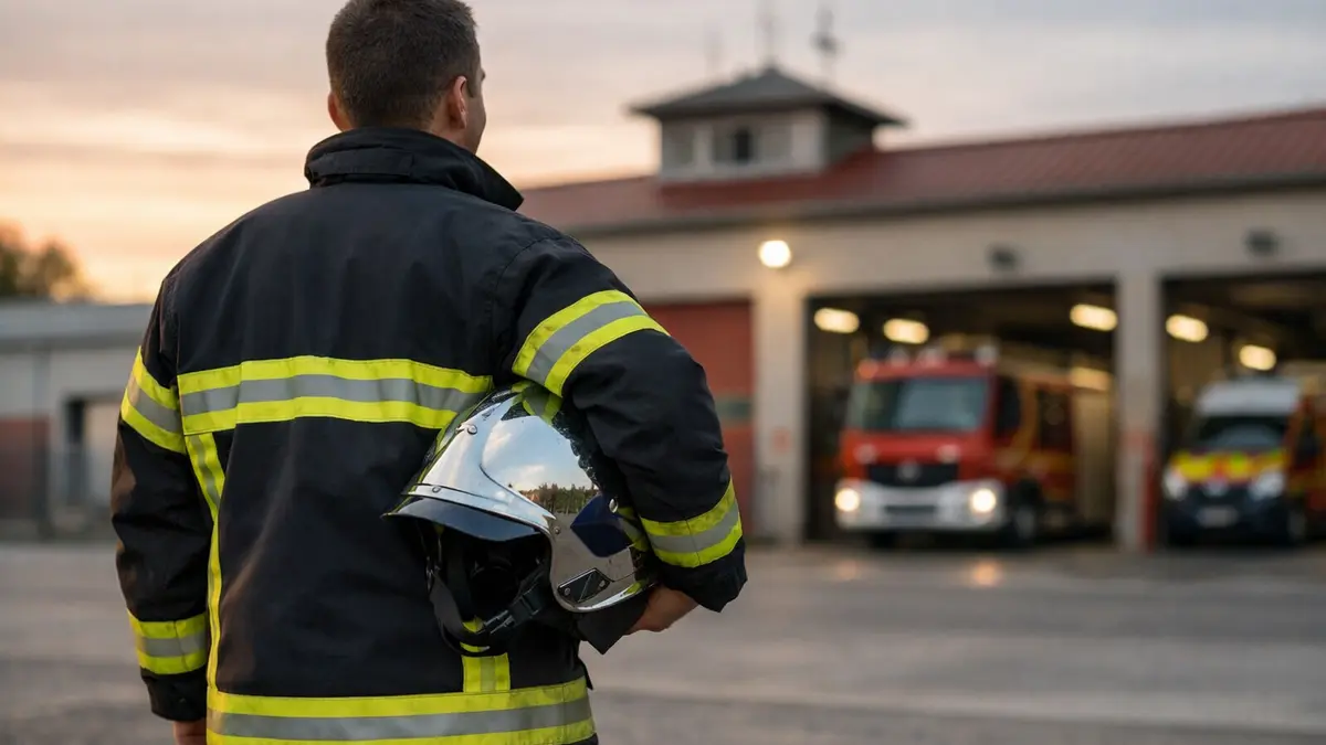 Sapeur-pompier volontaire devant une caserne