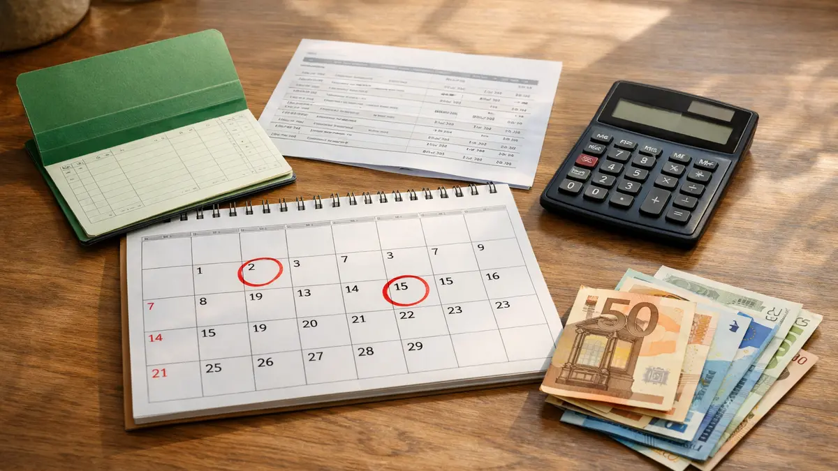 Calendrier avec les dates 1 et 16 et documents d’épargne