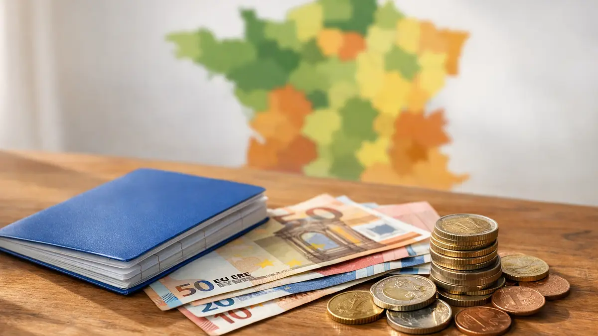 Livret A et euros devant une carte de France floue