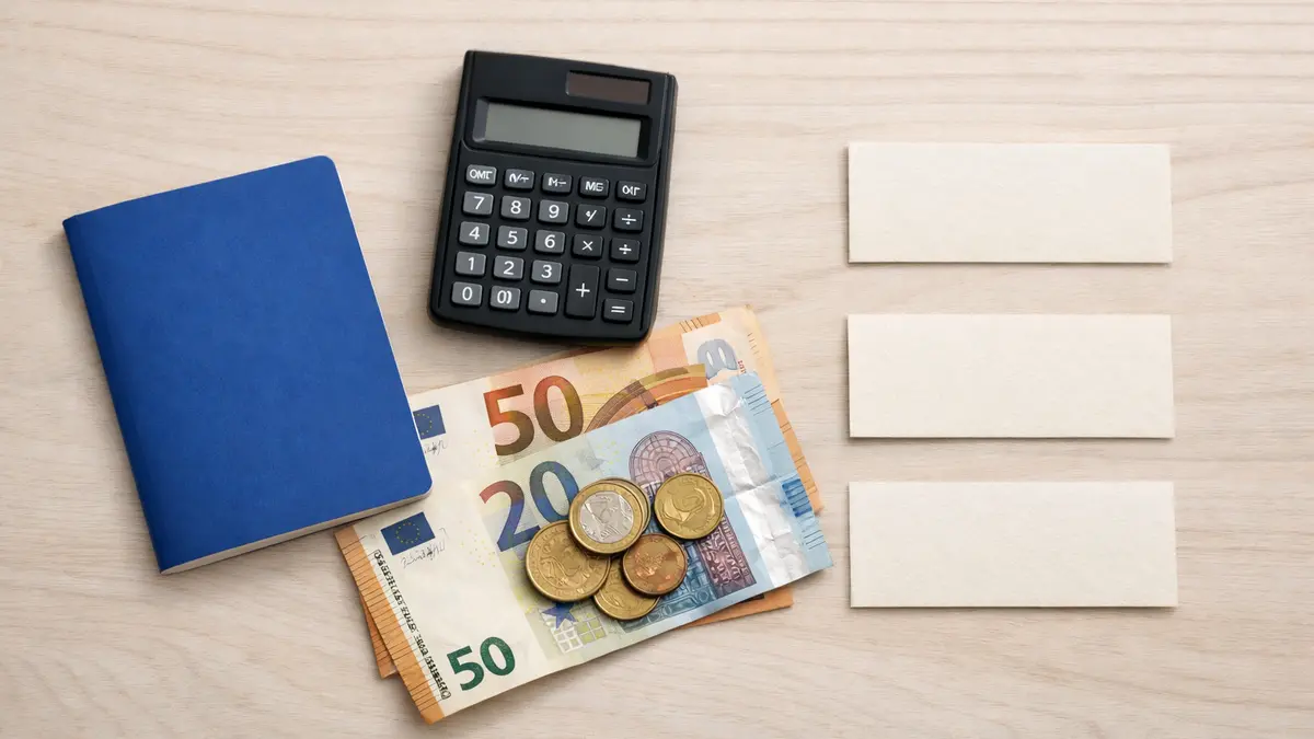 Calculatrice et euros à côté de livrets d’épargne