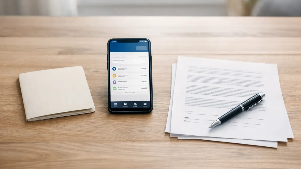 Smartphone, document et livret d’épargne sur une table