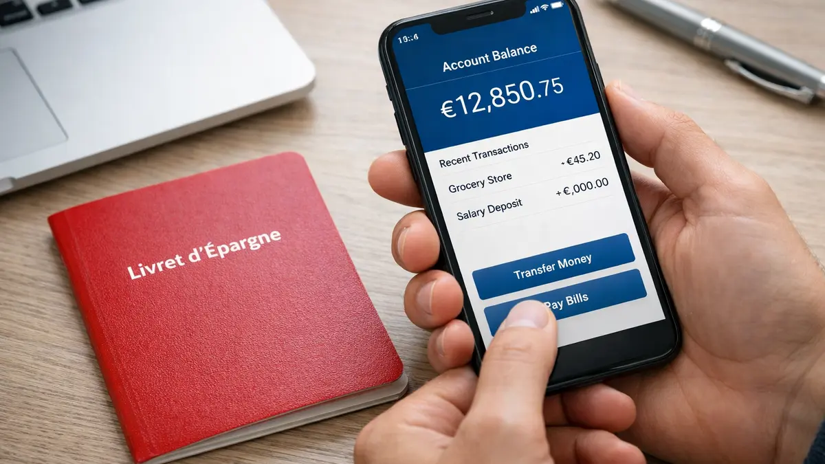 Smartphone avec appli bancaire et livret d’épargne sur une table
