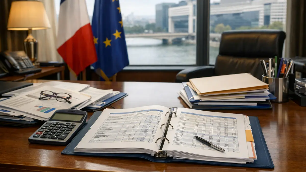 Dossier budgétaire et documents fiscaux sur un bureau