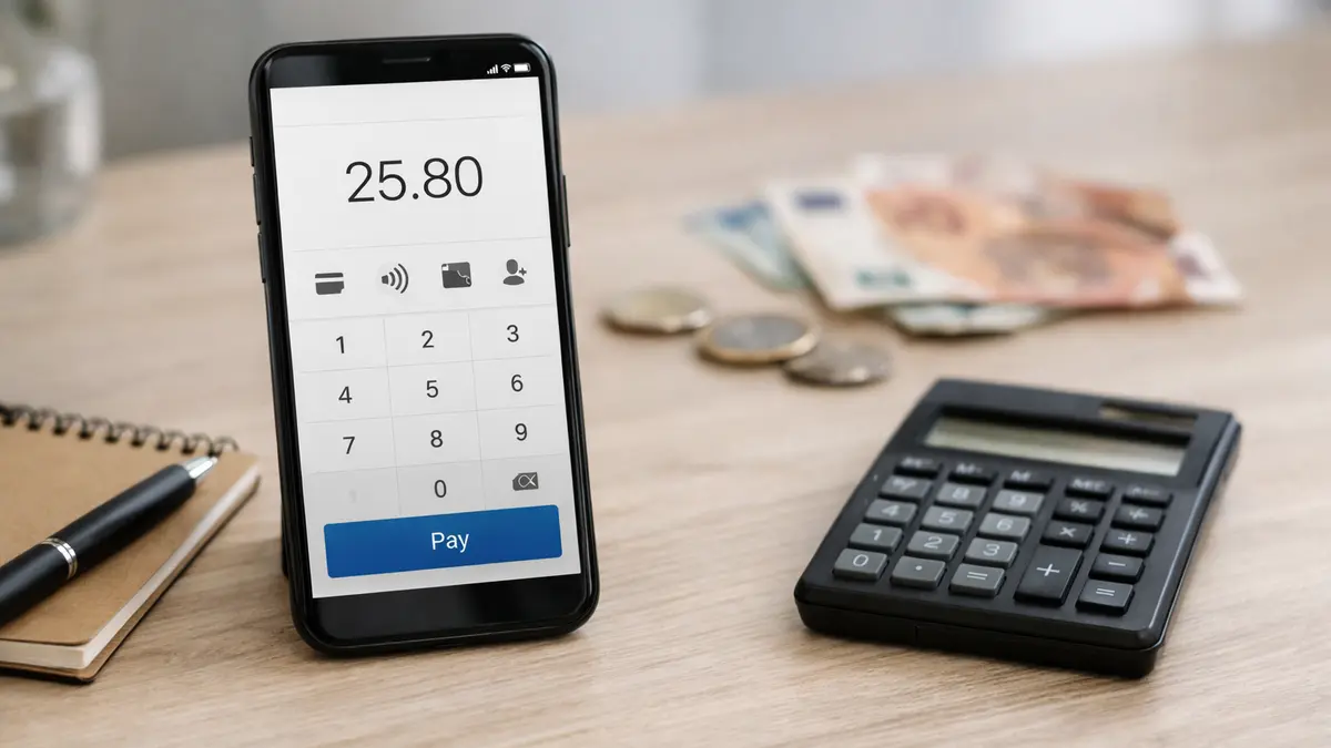 Smartphone avec application de paiement et calculatrice sur un bureau