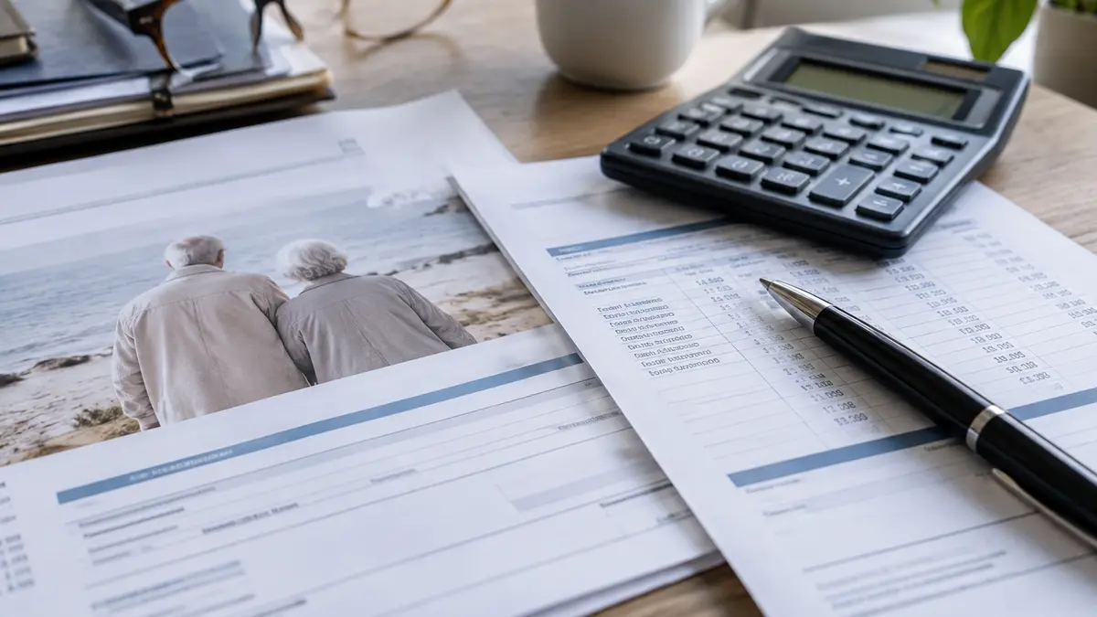Documents de retraite, calculatrice et stylo sur un bureau