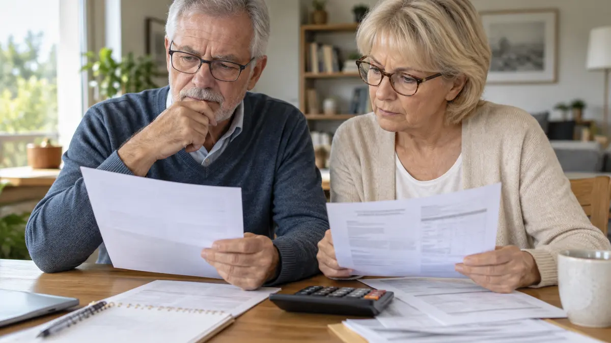 Retraités consultant des documents de pension et d’impôts