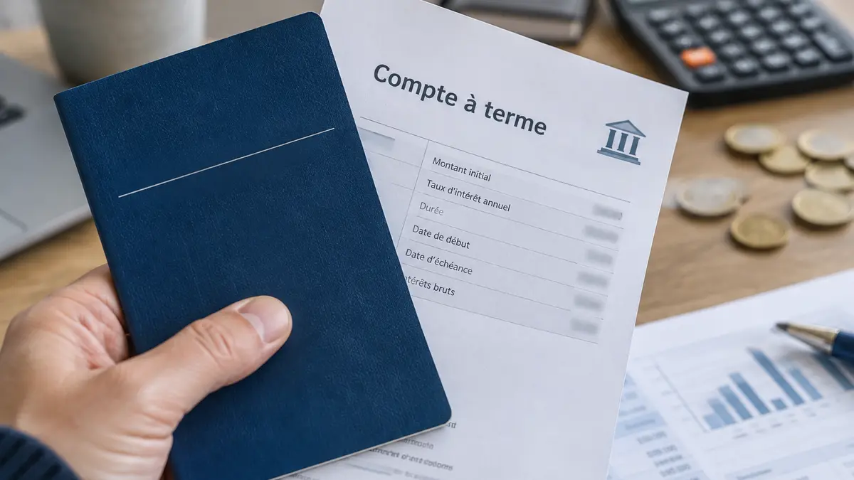 Livret d’épargne et document de compte à terme sur un bureau