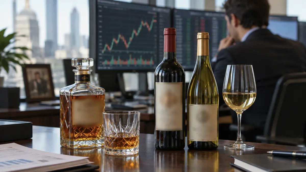 Bouteilles de vins et spiritueux avec un fond évoquant la Bourse