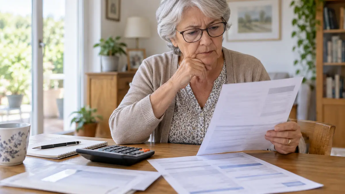 Retraité consultant un avis d’imposition avec une calculatrice