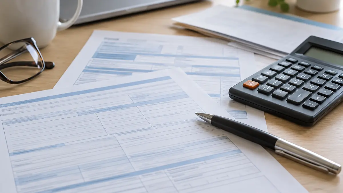 Documents d’arrêt de travail, calculatrice et stylo sur un bureau