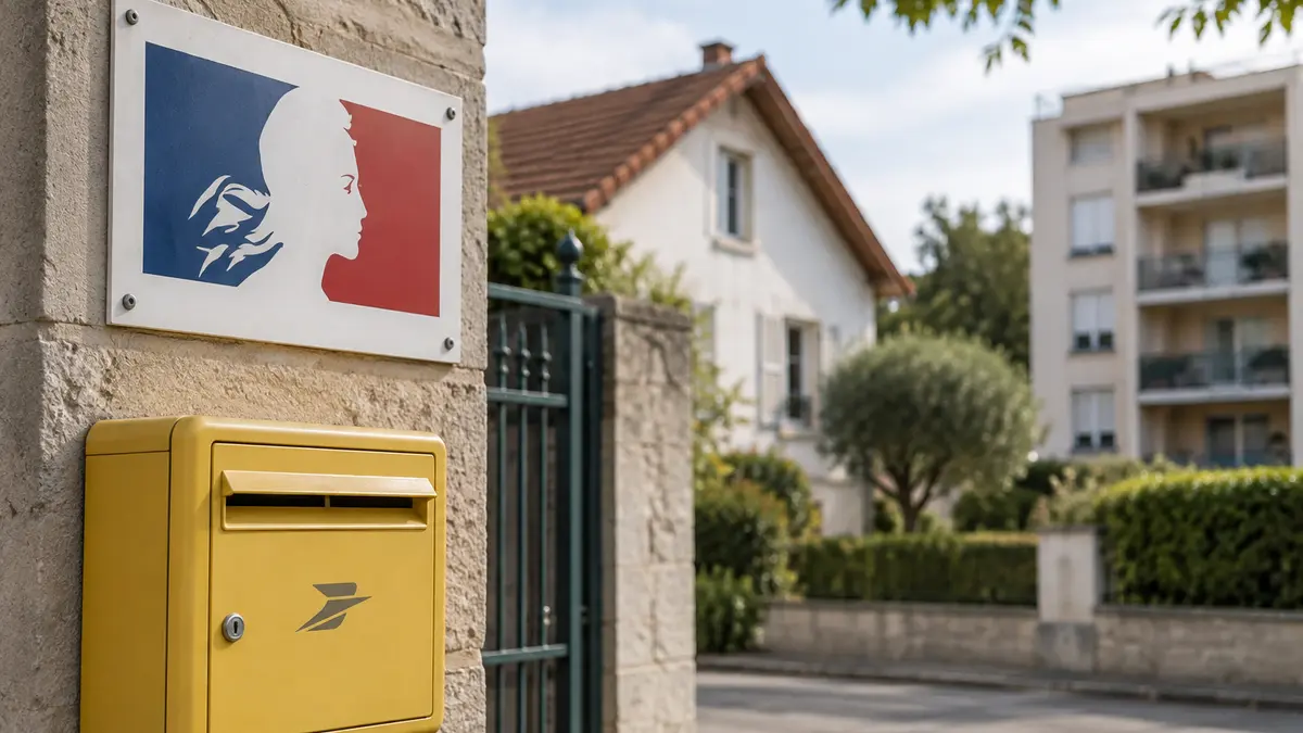 Mairie et boîte aux lettres, sur fond de logements