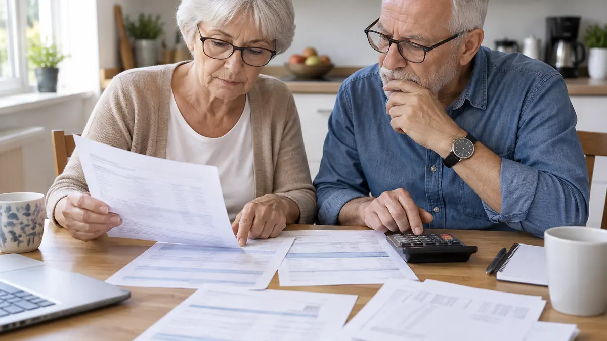 Retraités consultant des documents de pension et d’impôt