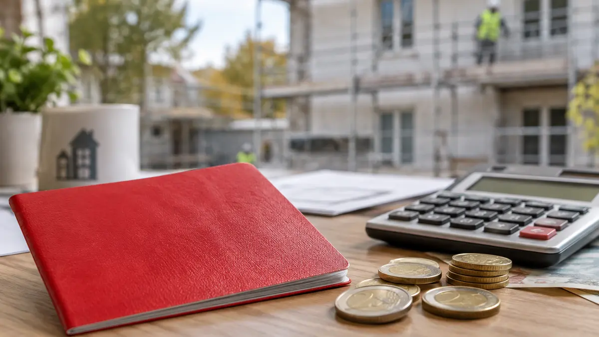 Livret A et calculatrice, avec un chantier de rénovation en arrière-plan
