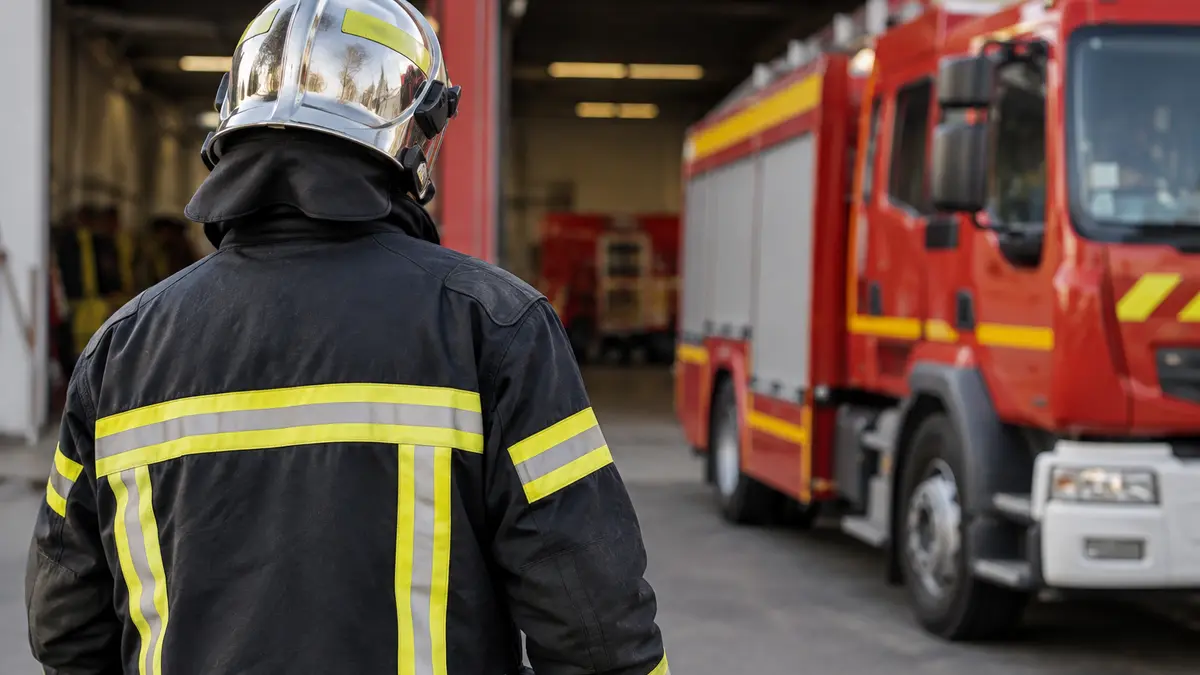 Sapeur-pompier volontaire devant une caserne
