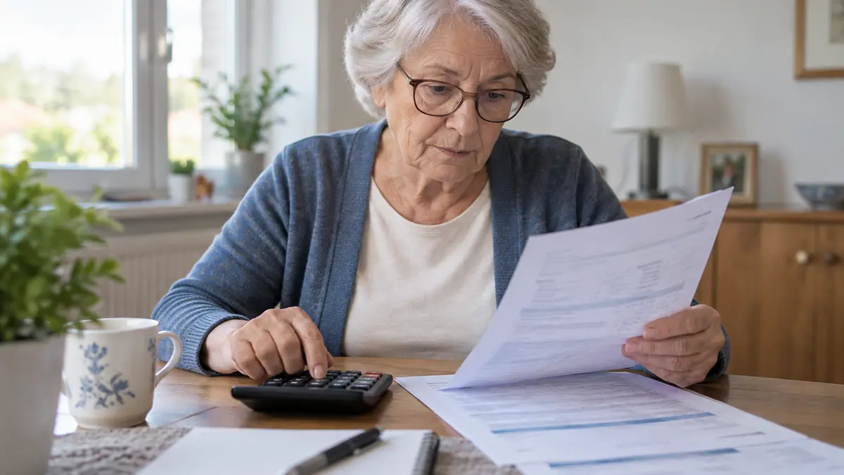 Senior calculant sa pension de retraite avec des documents