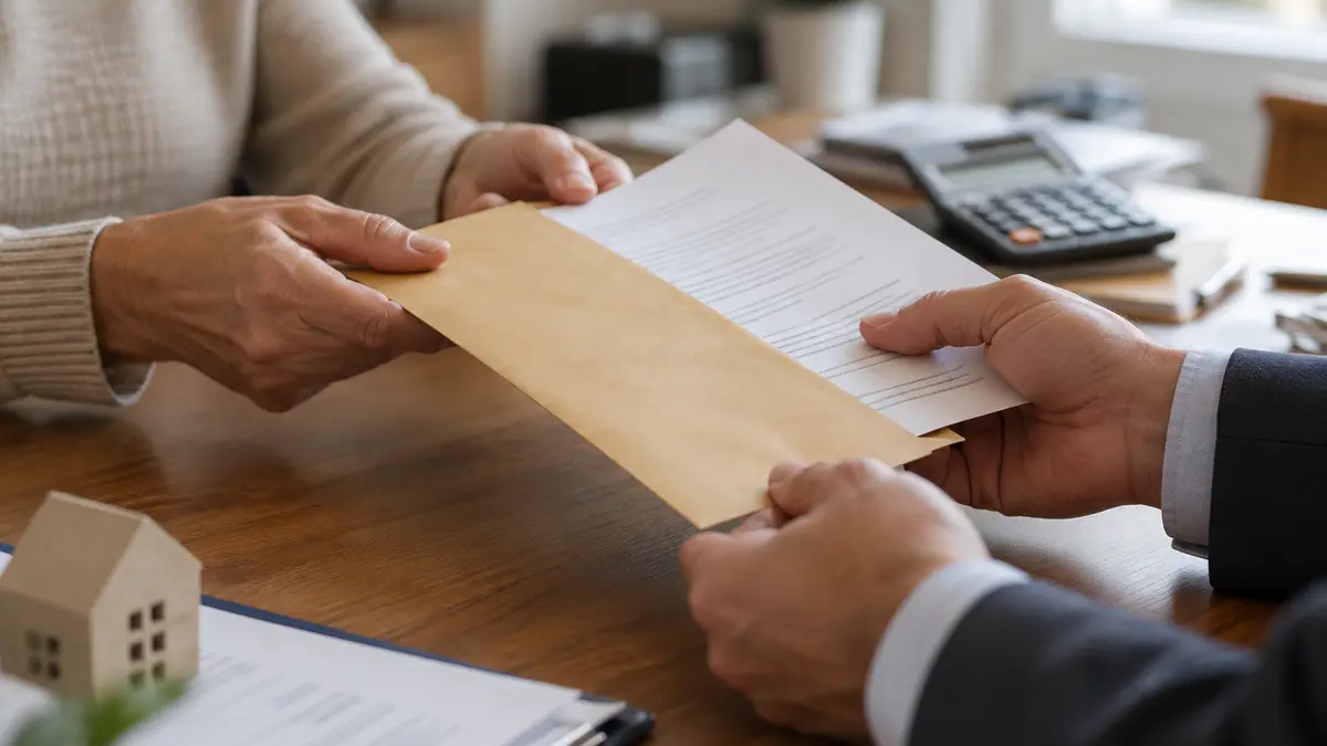 Mains échangeant une enveloppe et des documents de donation