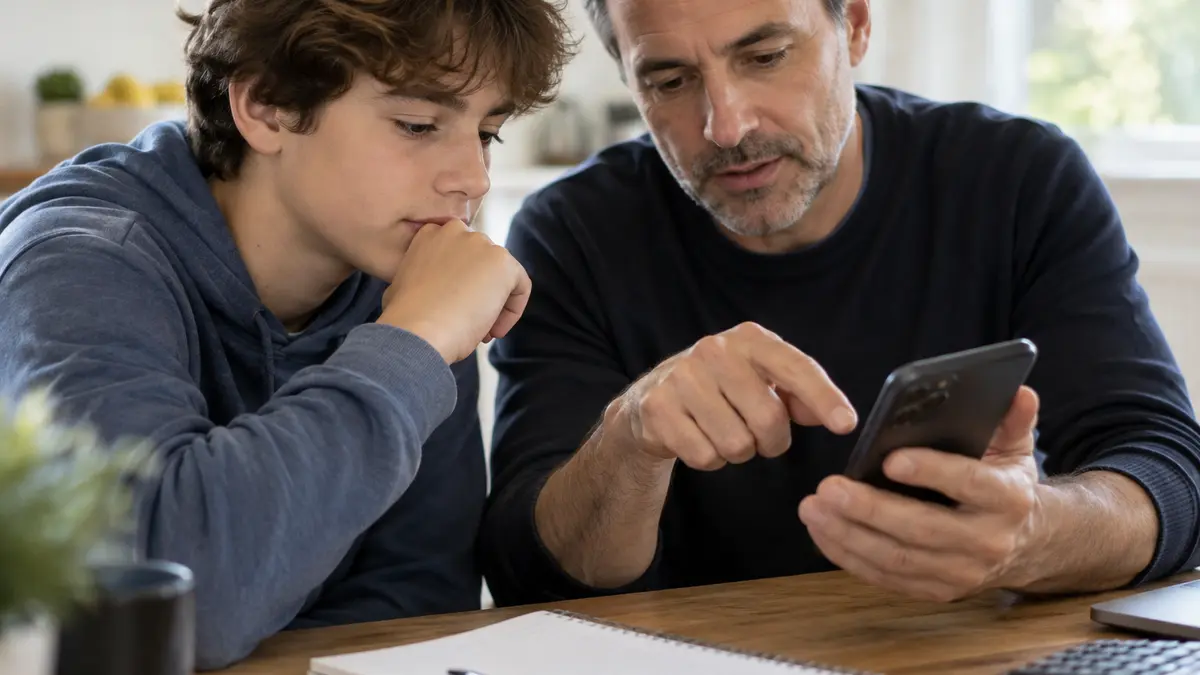 Parent et adolescent consultant un livret d’épargne sur smartphone
