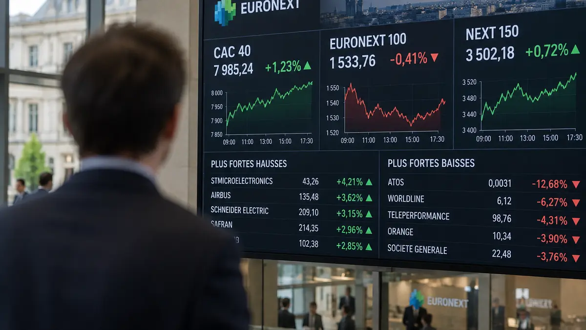 Écrans boursiers montrant des variations du CAC 40