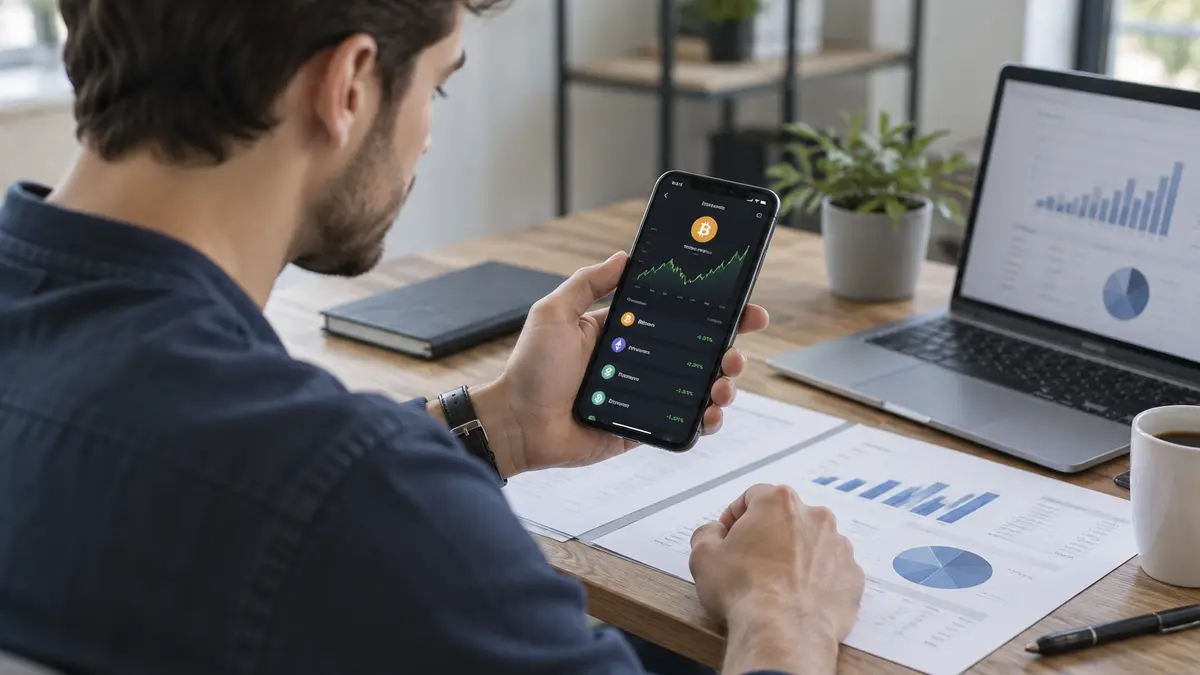 Un épargnant consultant un portefeuille de crypto-actifs sur smartphone