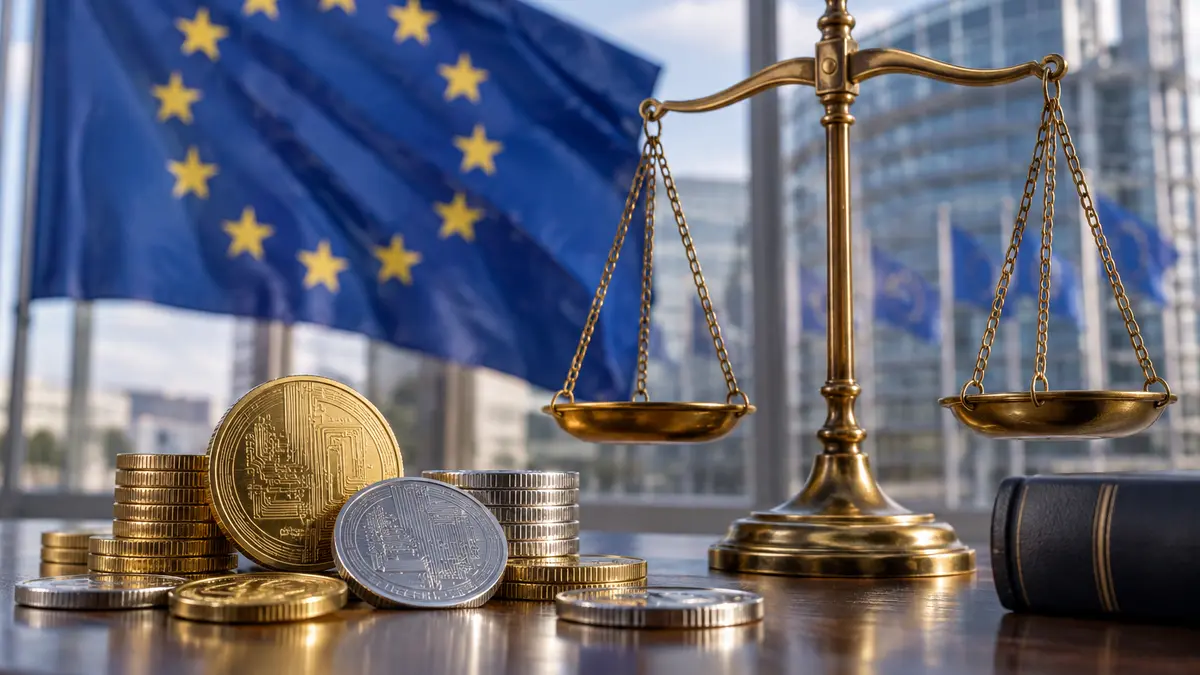 Drapeau de l’UE, balance et jetons crypto pour illustrer MiCA